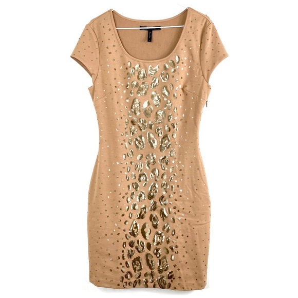 Bcbg Maxazria Leopard Spangles Jersey Stretch Bodycon Dress Camel Tan Size S - Picture 2 of 9